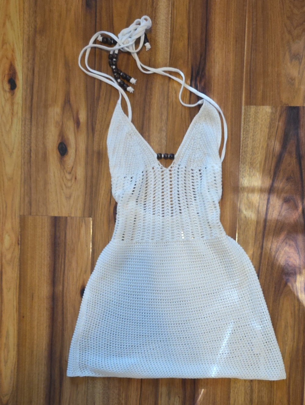 White Crochet Halter Cover-up Dress with Beaded Detail